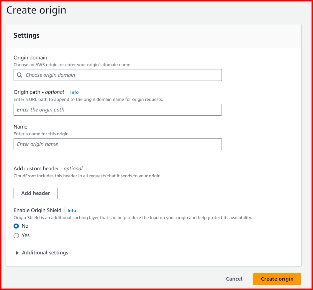 Picture showing the screen to create an origin in CloudFront